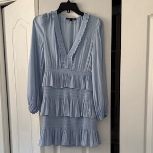 Maje Light Blue V-Neck Ruffle Long Sleeve Dress